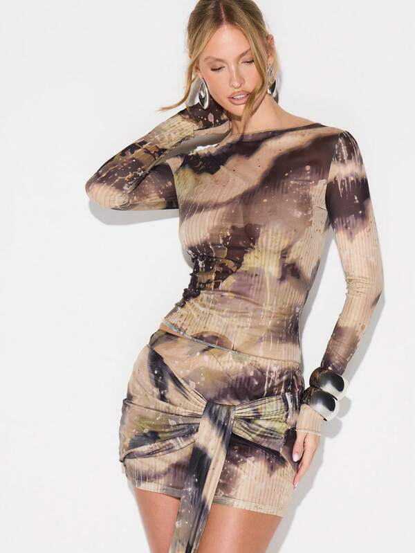KIZN Tie Dye Print Mini Skirt With Side Tie Detail Festival Rave Party Bodycon Wrap Style