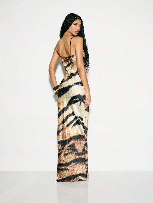 KIZN Tiger Print Lace Trim Slip Evening Maxi Dress Satin Floor Length Special Occasion Gown Holiday Party Wedding Guest Elegant Formal Dress