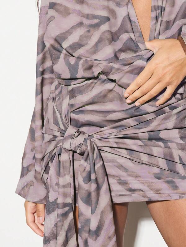 KIZN Tiger Print Long Sleeve Mini Dress With Deep V-Neck And Side Tie Detail For Fall Winter