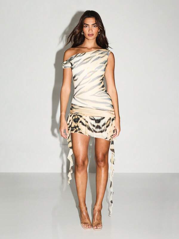 KIZN Tiger Print One Shoulder Mini Evening Dress High Low Ruffle Party Special Occasion Dress Spring Summer Resort Bohemian Clothes Vacation Dress
