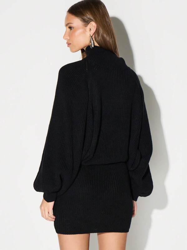 KIZN Turtleneck Long Sleeve Chunky Knit Sweater Dress Mini Length Winter Fall Cozy Pullover