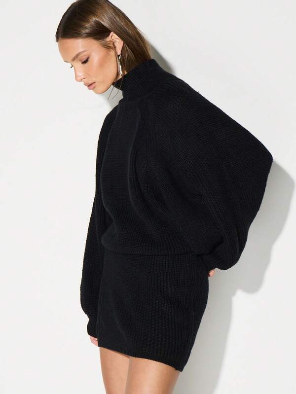 KIZN Turtleneck Long Sleeve Chunky Knit Sweater Dress Mini Length Winter Fall Cozy Pullover