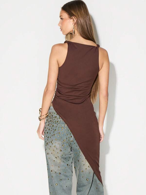 KIZN Twist Strap Asymmetrical Side Ruched Tank Top Sleeveless Summer Festival Basic Vest