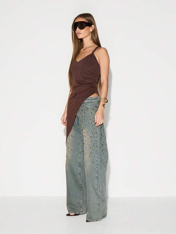 KIZN Twist Strap Asymmetrical Side Ruched Tank Top Sleeveless Summer Festival Basic Vest