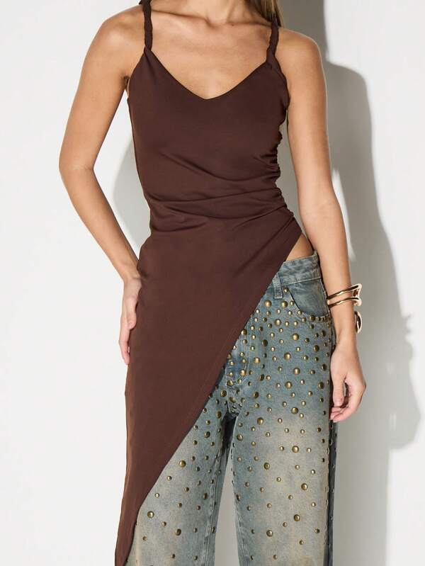 KIZN Twist Strap Asymmetrical Side Ruched Tank Top Sleeveless Summer Festival Basic Vest