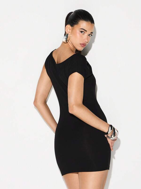 KIZN Twisted Off Shoulder Asymmetric Mini Dress Bodycon Party Cocktail Evening Nightclub