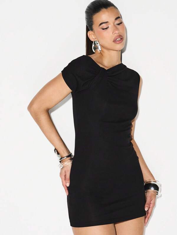 KIZN Twisted Off Shoulder Asymmetric Mini Dress Bodycon Party Cocktail Evening Nightclub