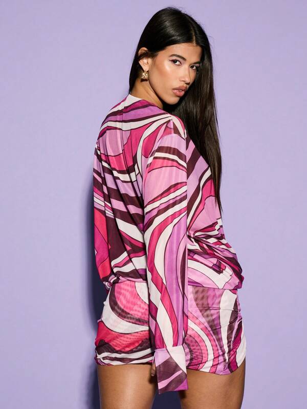 KIZN V Neck Plunge Printed Mesh Mini Dress Ibiza Bohemian Clothes