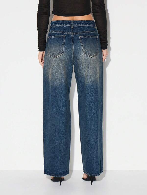 KIZN Wide Leg High Waisted Denim Jeans Vintage Faded Blue Casual Palazzo Style Pants