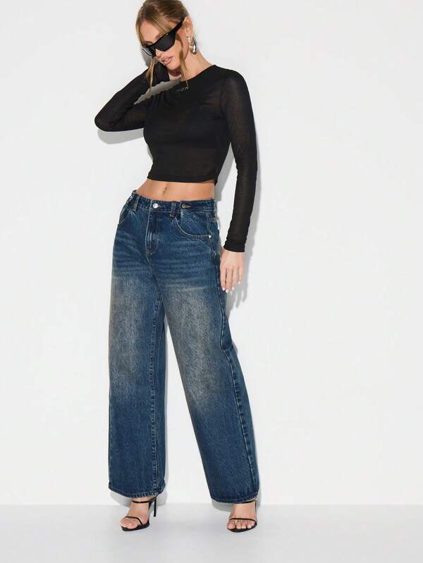 KIZN Wide Leg High Waisted Denim Jeans Vintage Faded Blue Casual Palazzo Style Pants