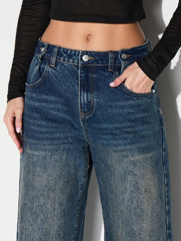 KIZN Wide Leg High Waisted Denim Jeans Vintage Faded Blue Casual Palazzo Style Pants