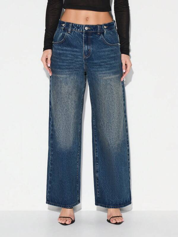 KIZN Wide Leg High Waisted Denim Jeans Vintage Faded Blue Casual Palazzo Style Pants