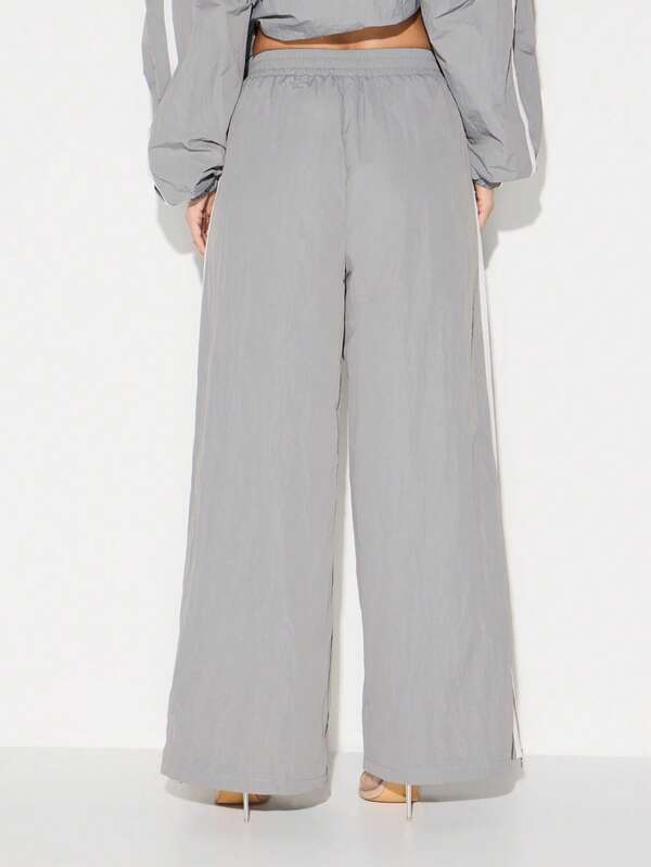 KIZN Wide Leg Nylon Joggers With Side Tape Detail For Women Casual Athleisure Lounge Pants