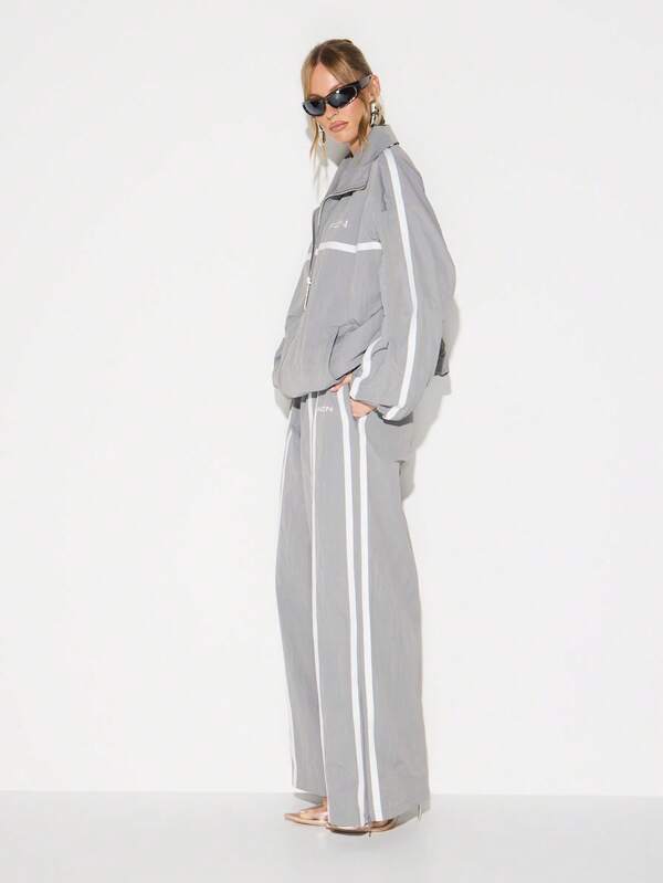 KIZN Wide Leg Nylon Joggers With Side Tape Detail For Women Casual Athleisure Lounge Pants