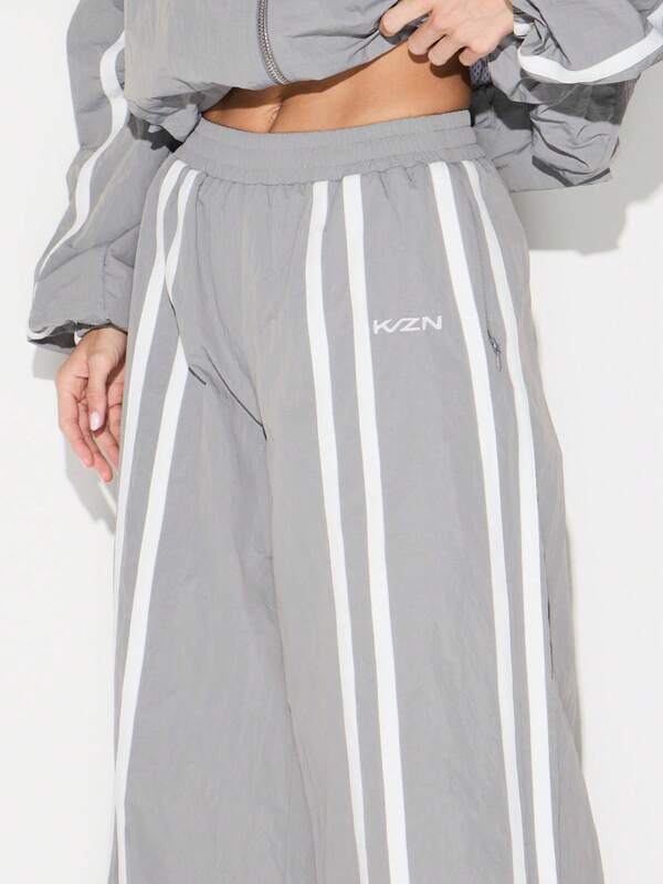 KIZN Wide Leg Nylon Joggers With Side Tape Detail For Women Casual Athleisure Lounge Pants