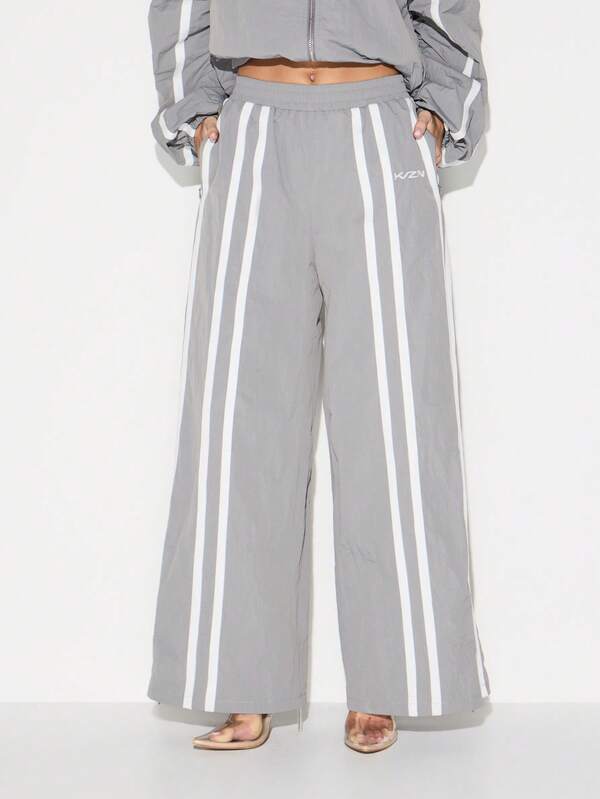 KIZN Wide Leg Nylon Joggers With Side Tape Detail For Women Casual Athleisure Lounge Pants