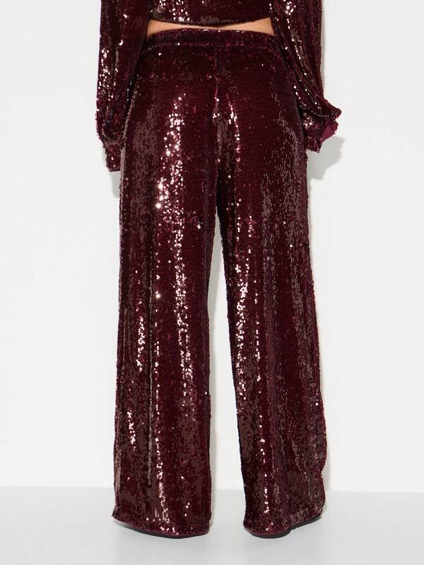 KIZN Wide Leg Sequin Palazzo Pants High Rise Evening Party Formal Wear Holiday Celebration Outfit