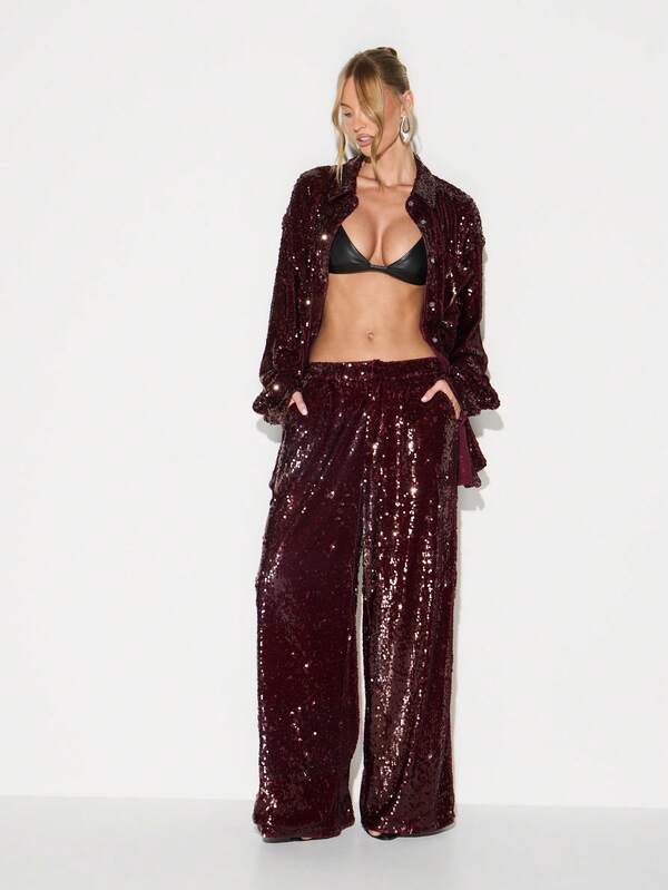 KIZN Wide Leg Sequin Palazzo Pants High Rise Evening Party Formal Wear Holiday Celebration Outfit