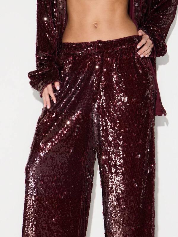 KIZN Wide Leg Sequin Palazzo Pants High Rise Evening Party Formal Wear Holiday Celebration Outfit