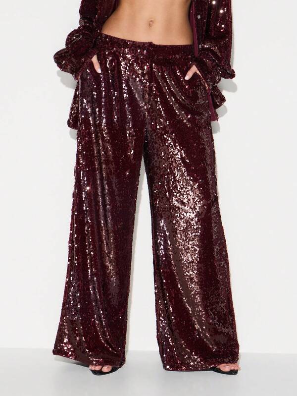 KIZN Wide Leg Sequin Palazzo Pants High Rise Evening Party Formal Wear Holiday Celebration Outfit