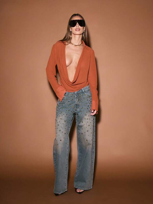 KIZN Wide Leg Studded Straight Fit High Rise Jeans With Metal Eyelets Embellishments For Women