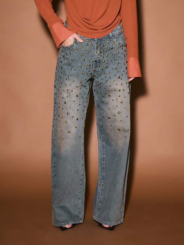 KIZN Wide Leg Studded Straight Fit High Rise Jeans With Metal Eyelets Embellishments For Women