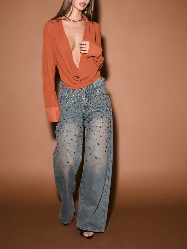 KIZN Wide Leg Studded Straight Fit High Rise Jeans With Metal Eyelets Embellishments For Women