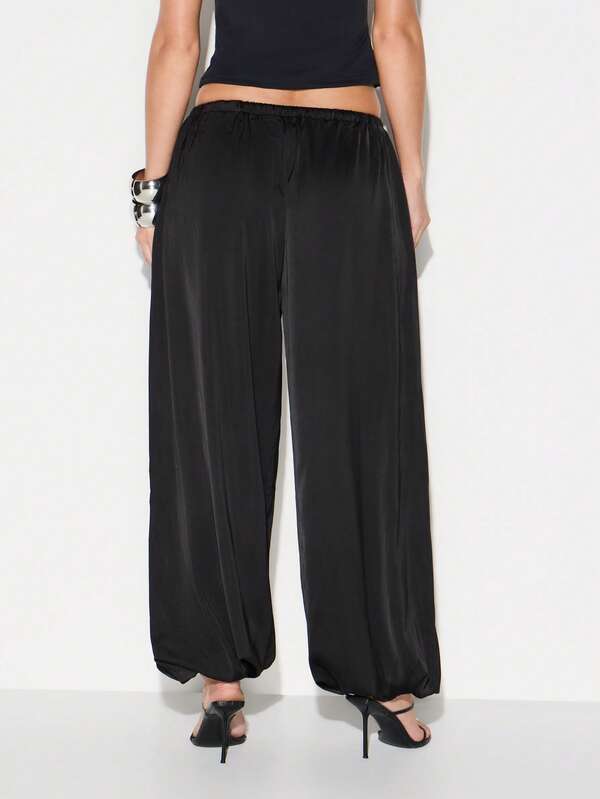 KIZN Women Black Satin Balloon Joggers Loose Fit High Rise Wide Leg Drawstring Casual Pants