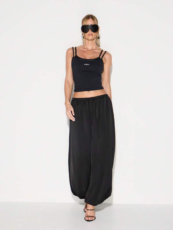 KIZN Women Black Satin Balloon Joggers Loose Fit High Rise Wide Leg Drawstring Casual Pants