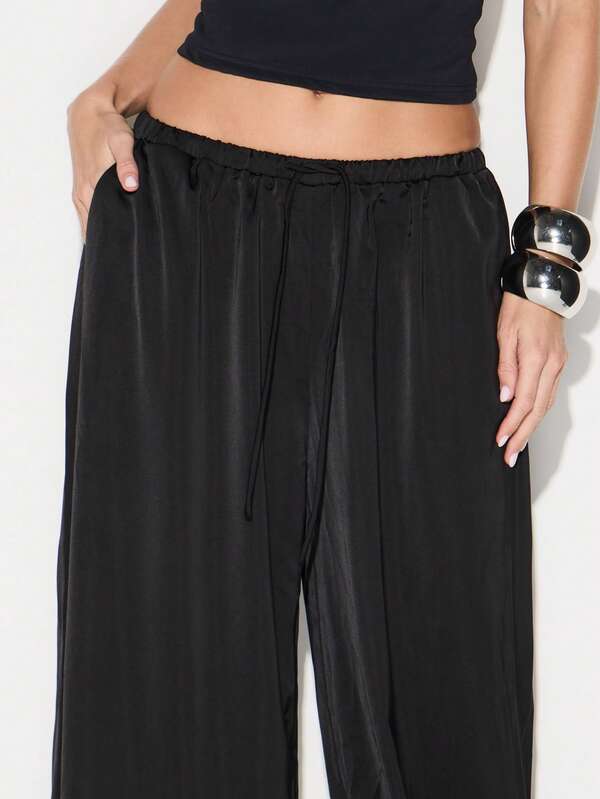 KIZN Women Black Satin Balloon Joggers Loose Fit High Rise Wide Leg Drawstring Casual Pants