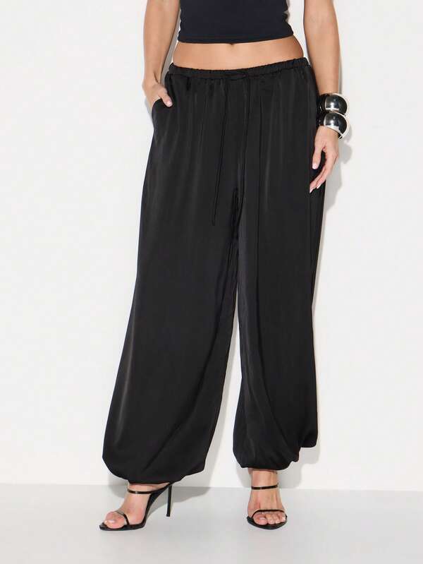 KIZN Women Black Satin Balloon Joggers Loose Fit High Rise Wide Leg Drawstring Casual Pants