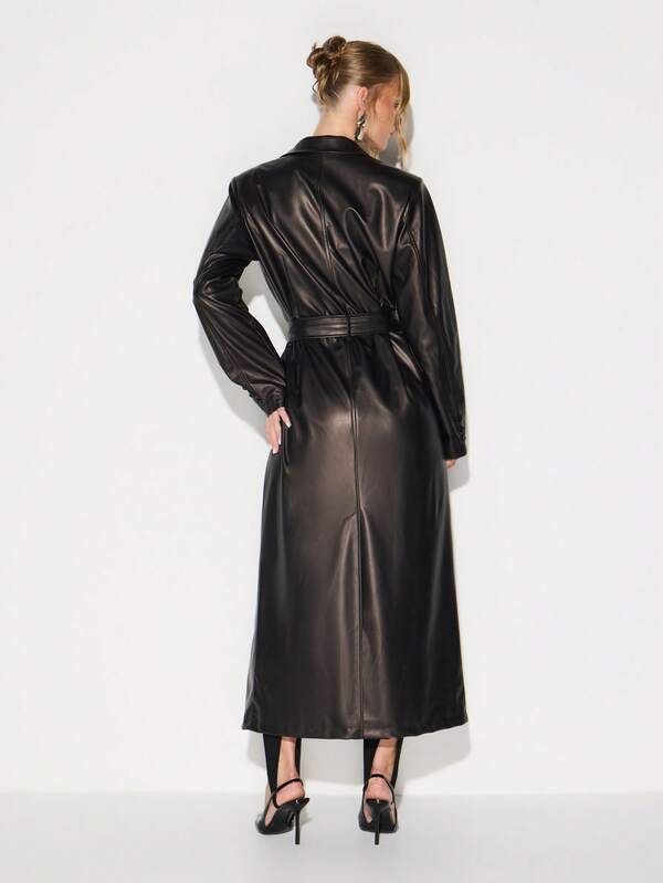 KIZN Women Faux Leather Double Breasted Maxi Trench Coat With Belt And Lapels Fall Winter Outerwear
