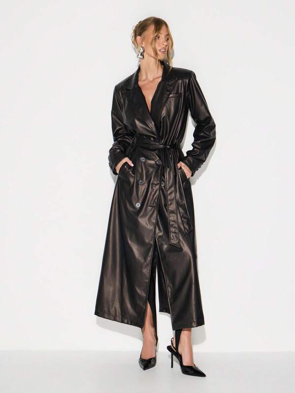 KIZN Women Faux Leather Double Breasted Maxi Trench Coat With Belt And Lapels Fall Winter Outerwear