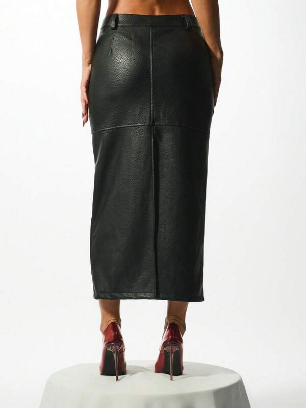 KIZN Women Leather Midi Skirt High Waisted Pencil Skirt Winter Fashion Statement Piece