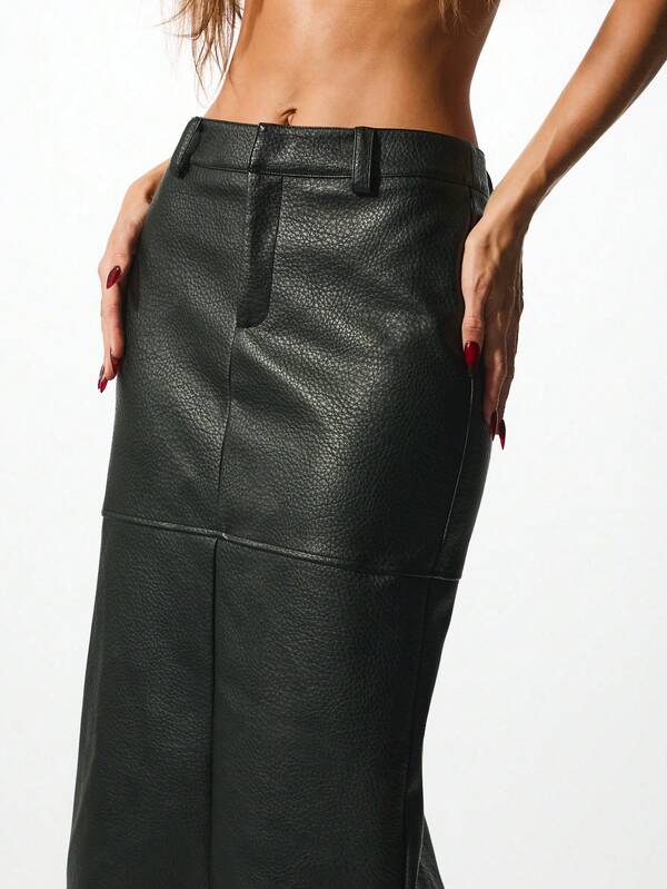 KIZN Women Leather Midi Skirt High Waisted Pencil Skirt Winter Fashion Statement Piece