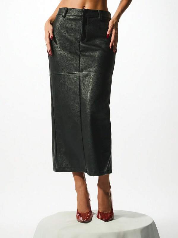 KIZN Women Leather Midi Skirt High Waisted Pencil Skirt Winter Fashion Statement Piece