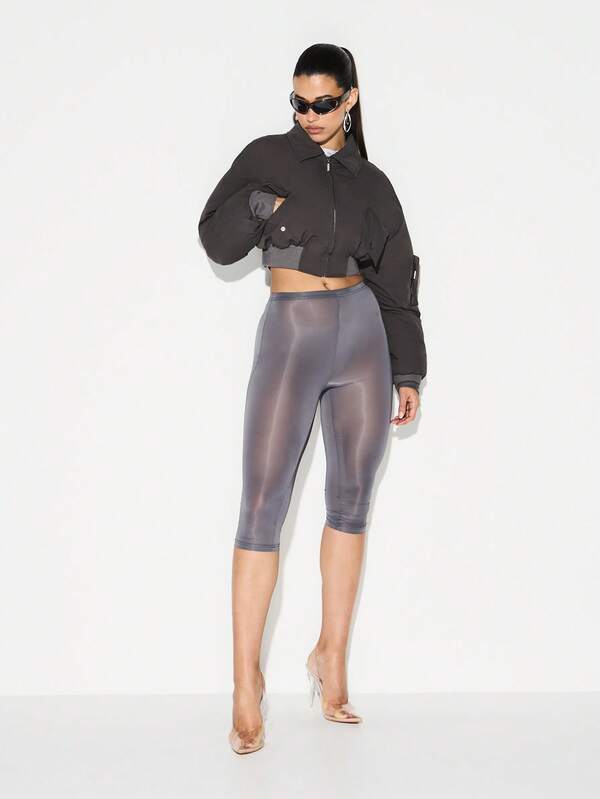 KIZN Women Oversized Bomber Winter Coat Cropped Peached Nylon Zip Up Outerwear With Ribbed Hem