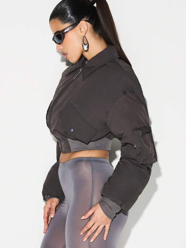 KIZN Women Oversized Bomber Winter Coat Cropped Peached Nylon Zip Up Outerwear With Ribbed Hem