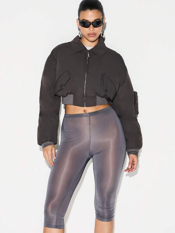KIZN Women Oversized Bomber Winter Coat Cropped Peached Nylon Zip Up Outerwear With Ribbed Hem