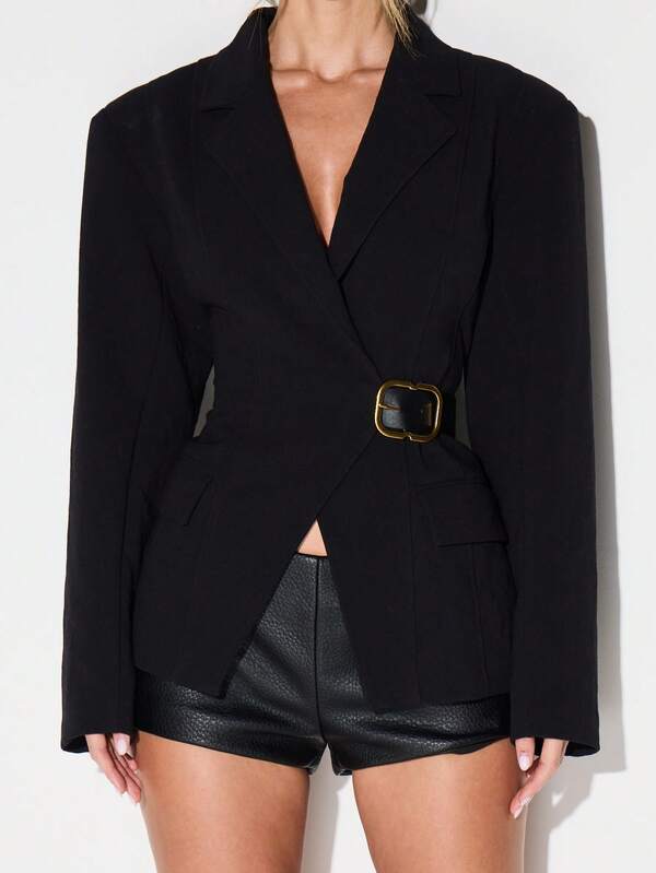 KIZN Women Professional Lapel Blazer With Belt Detail And Long Sleeves For Office Formal Work Business