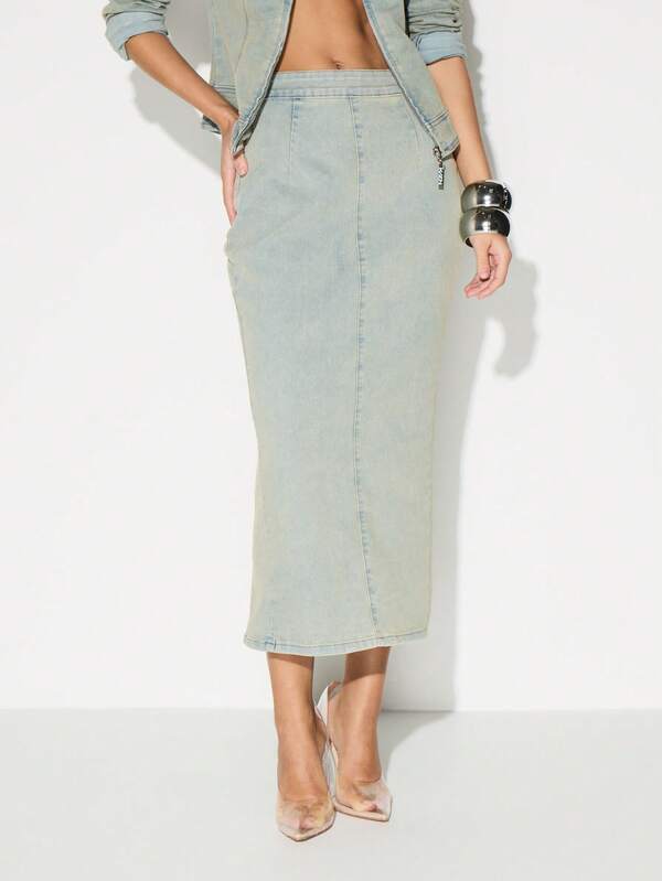 KIZN Women's Fitted Light Wash Denim Pencil Skirt With Back Zip Midi Length High Waisted Bodycon Casual Spring Summer