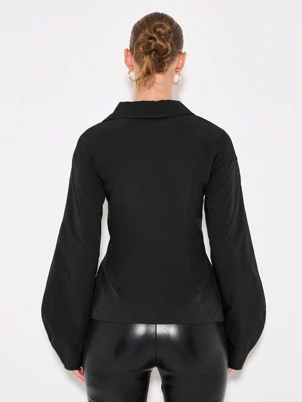 KIZN Women's Long Sleeve Button Down Blouse With Pointed Collar And Asymmetric Hem Detail