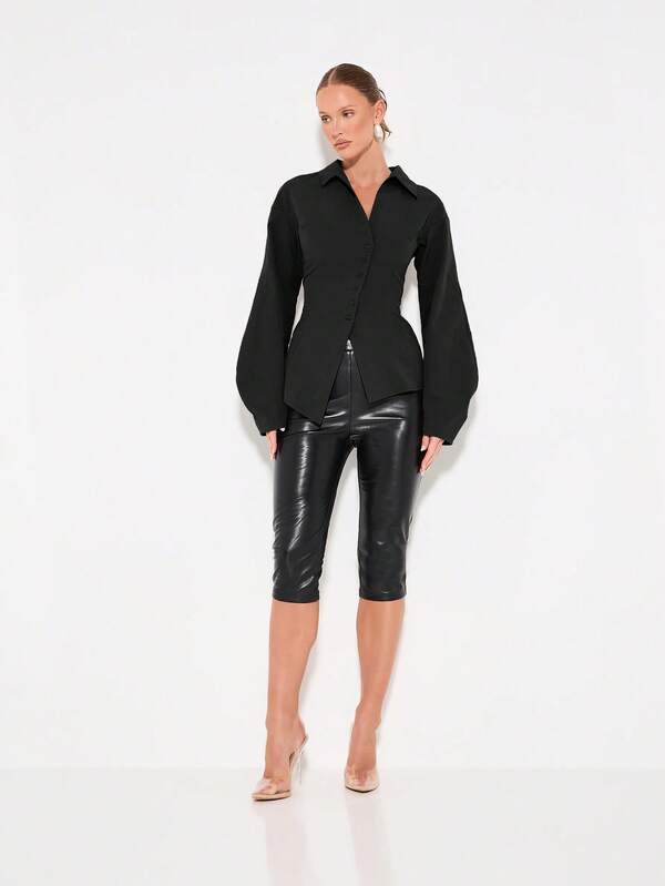 KIZN Women's Long Sleeve Button Down Blouse With Pointed Collar And Asymmetric Hem Detail