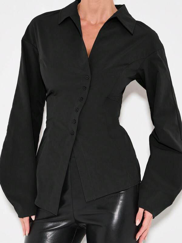KIZN Women's Long Sleeve Button Down Blouse With Pointed Collar And Asymmetric Hem Detail