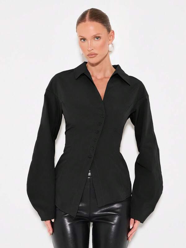 KIZN Women's Long Sleeve Button Down Blouse With Pointed Collar And Asymmetric Hem Detail