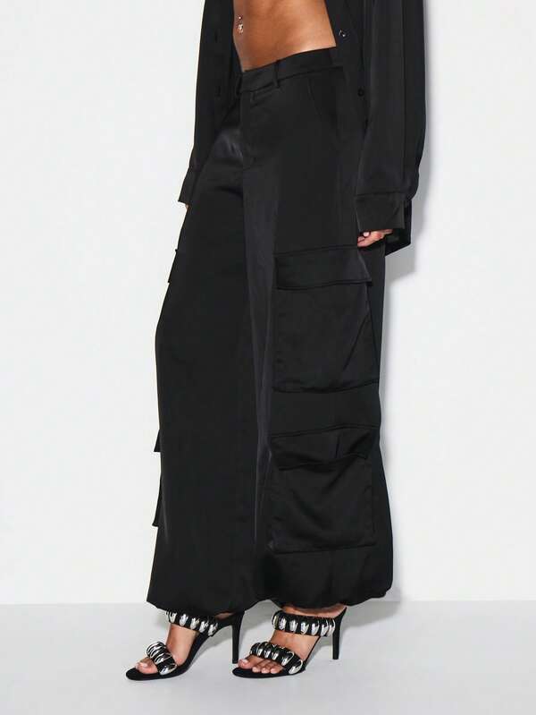 KIZN Women Satin Cargo Parachute Pants High Waisted Wide Leg Utility Pants With Multiple Pockets Street Style Fashion Bottoms