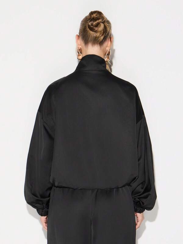 KIZN Women Zip Up Satin Bomber Jacket With Ribbed Cuffs And Waistband For Fall Fashion Outerwear