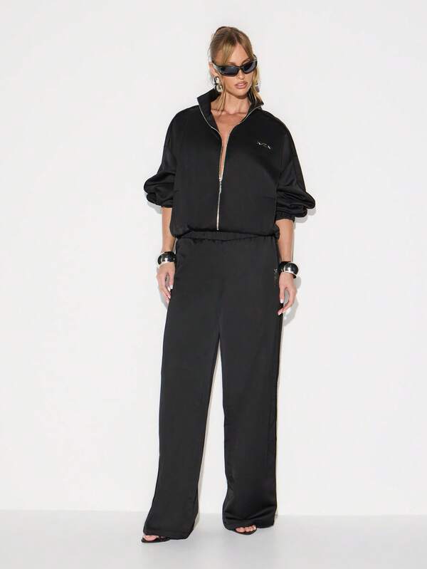 KIZN Women Zip Up Satin Bomber Jacket With Ribbed Cuffs And Waistband For Fall Fashion Outerwear