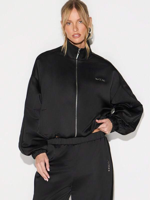 KIZN Women Zip Up Satin Bomber Jacket With Ribbed Cuffs And Waistband For Fall Fashion Outerwear
