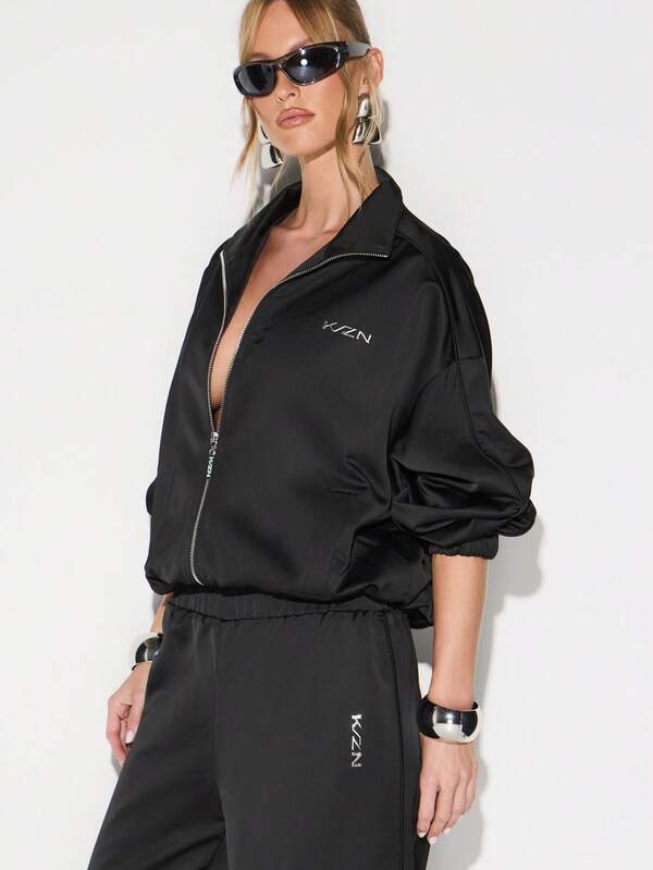 KIZN Women Zip Up Satin Bomber Jacket With Ribbed Cuffs And Waistband For Fall Fashion Outerwear